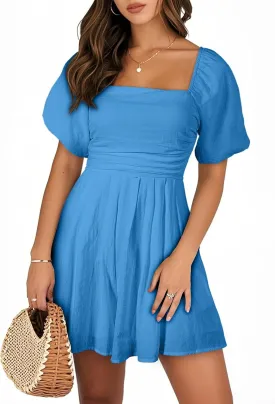 AlvaQ Womens Summer Cute Puff Sleeve Elastic Square Neck Mini Short Romper with Pockets