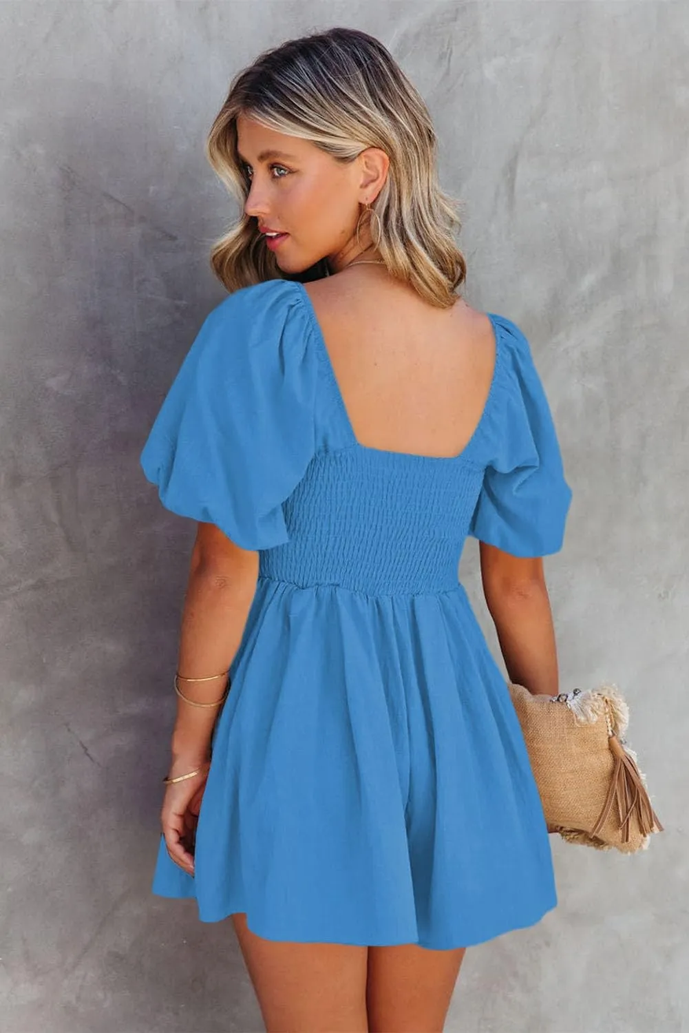 AlvaQ Womens Summer Cute Puff Sleeve Elastic Square Neck Mini Short Romper with Pockets