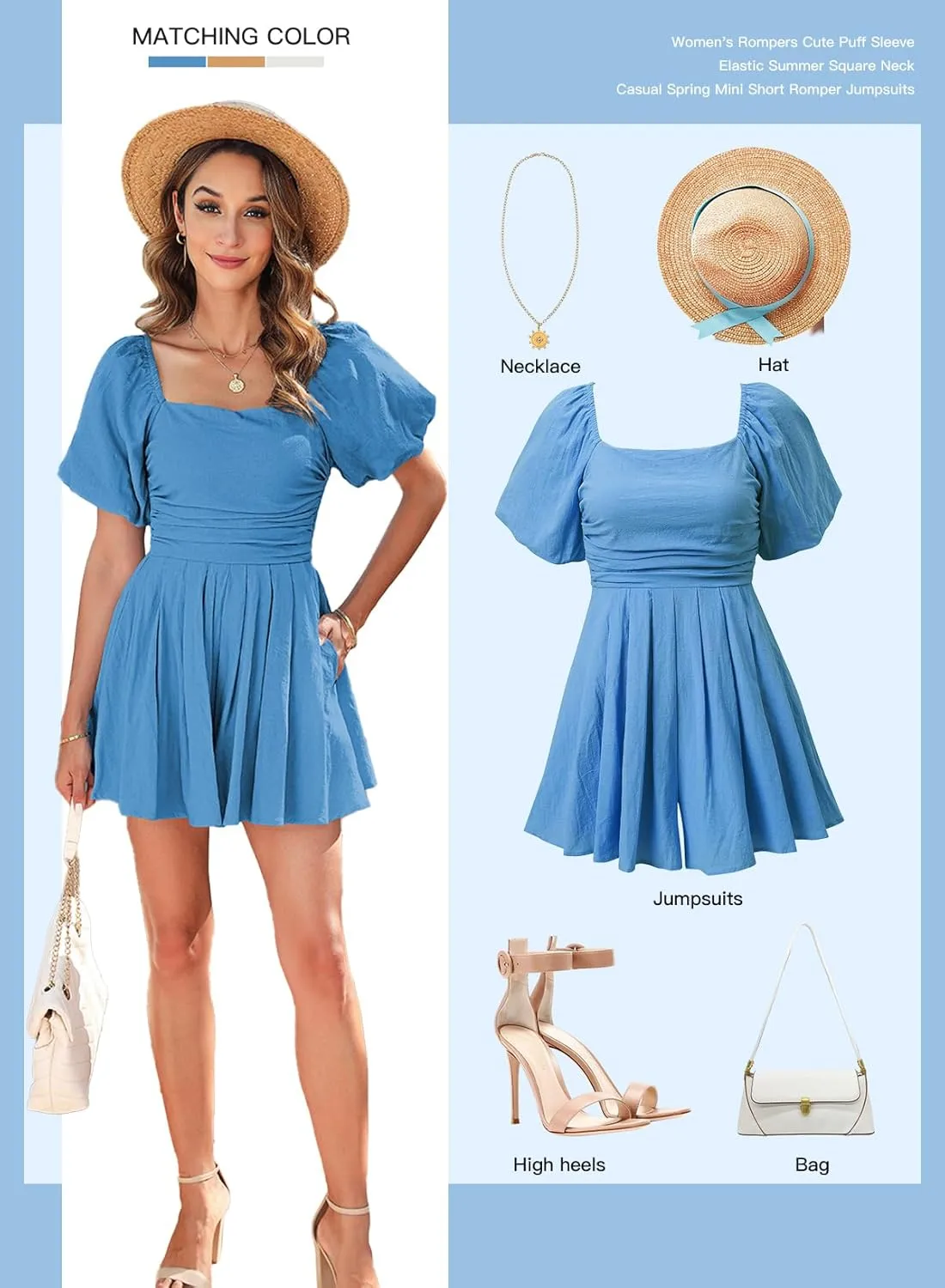 AlvaQ Womens Summer Cute Puff Sleeve Elastic Square Neck Mini Short Romper with Pockets