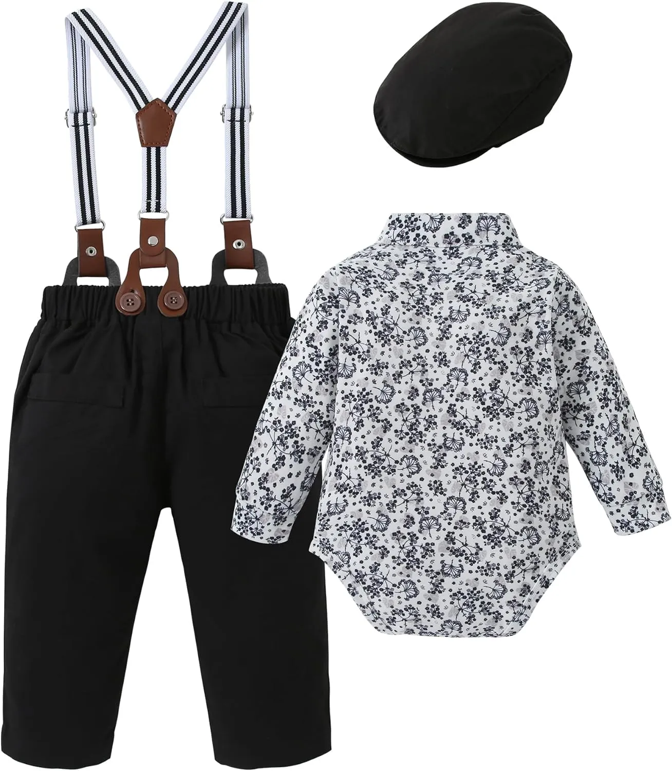 Baby Boy Clothes Suits 0-24M Infant Gentleman Outfit Long Sleeve Dress Shirt Suspender Pants Bowtie Beret Wedding Set