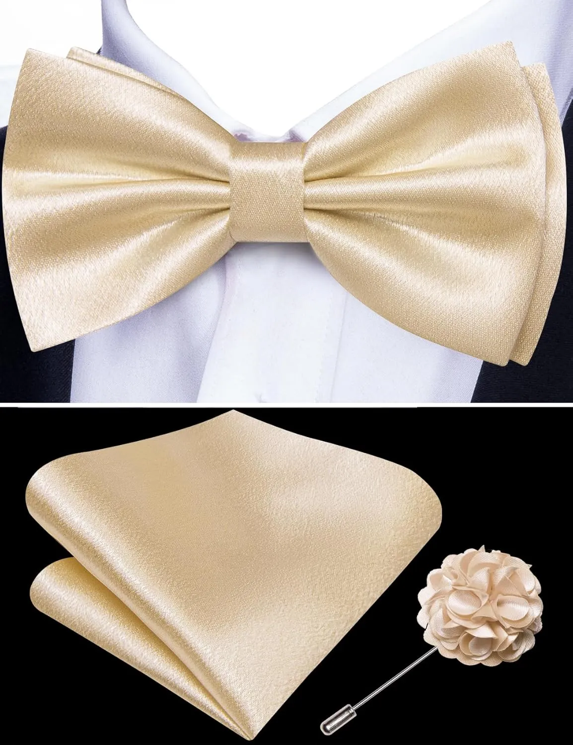 Barry.Wang Bow Tie for Men Solid Color Pre-tied Bowtie Pocket Square Lapel Pin Set Adjustable Formal Tuxedo Bowtie Party