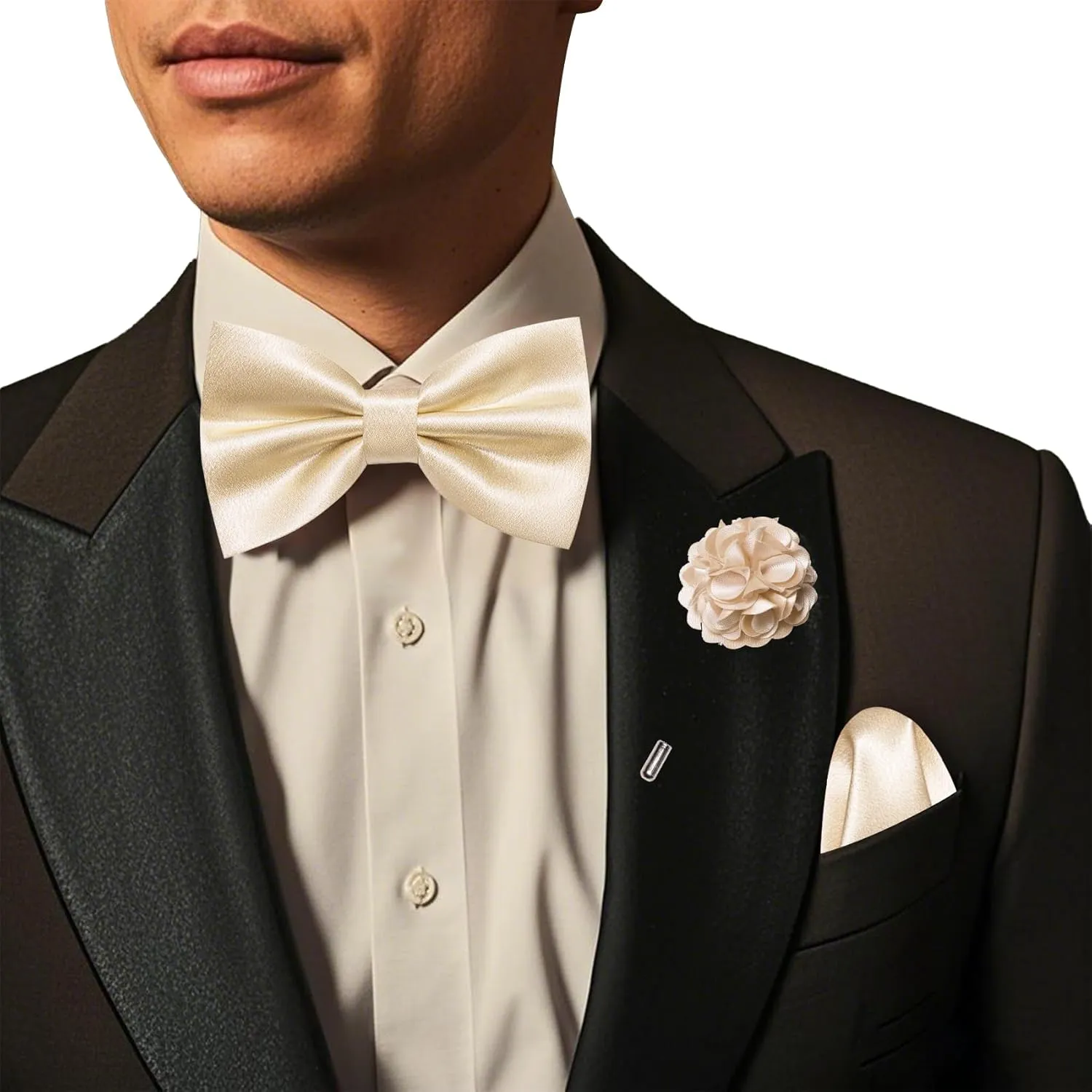 Barry.Wang Bow Tie for Men Solid Color Pre-tied Bowtie Pocket Square Lapel Pin Set Adjustable Formal Tuxedo Bowtie Party