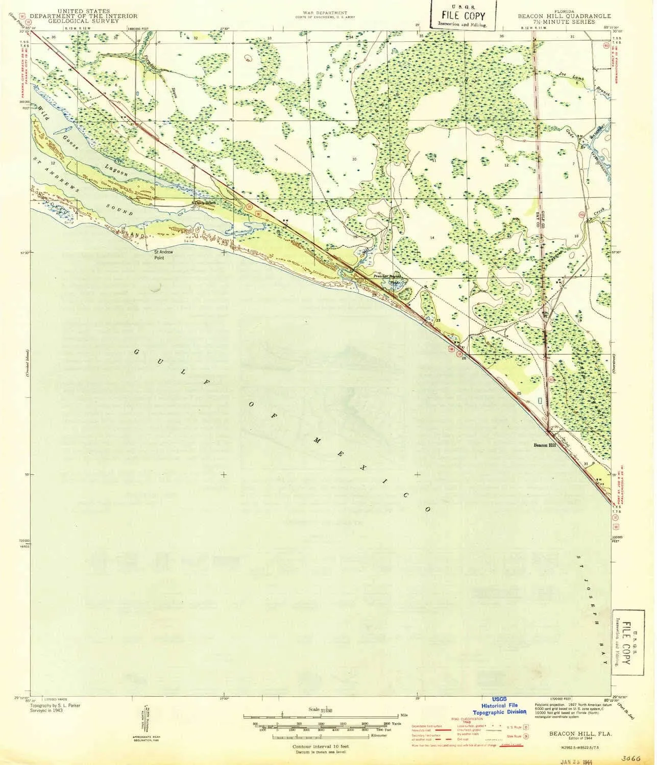 Beacon Hill FL topo map, 1:31680 Scale, 7.5 X 7.5 Minute, Historical, 1944, 19.8 x 17 in