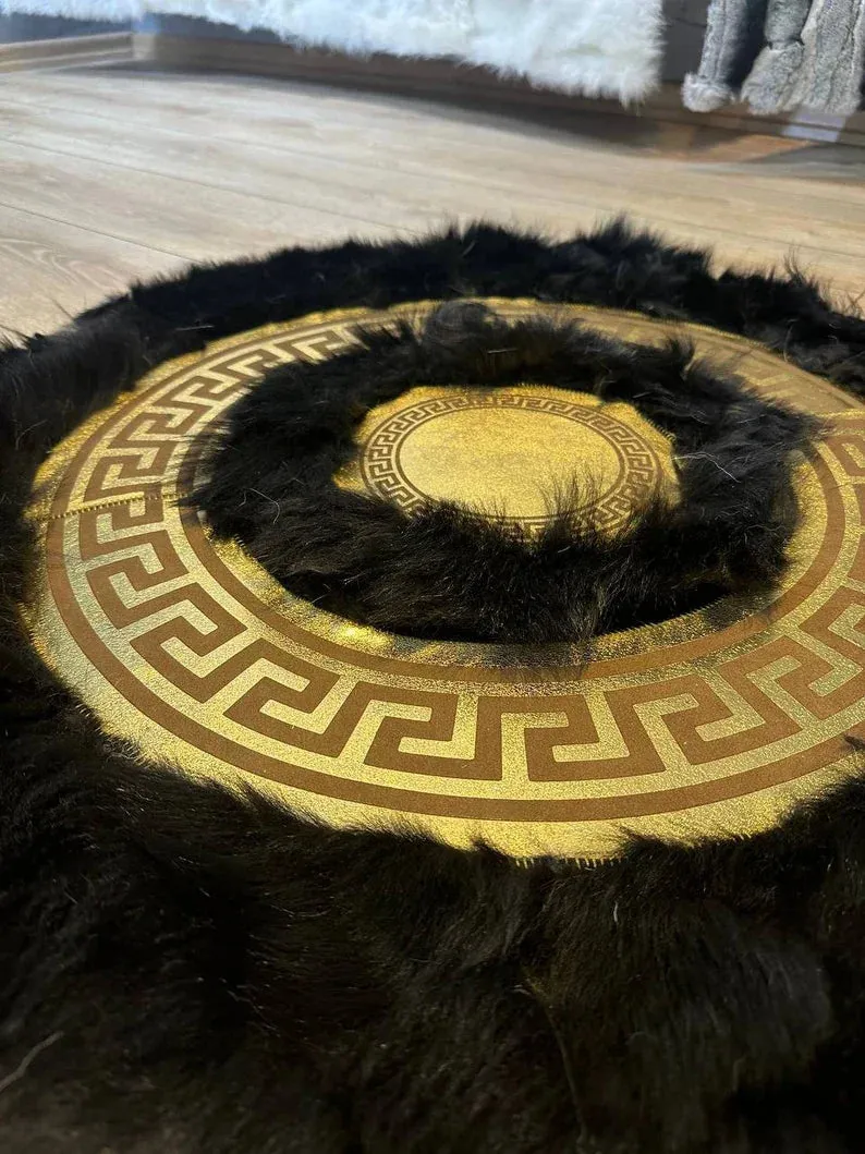 Black Gold Luxury Natural Sheepskin Area Rug, Fluffy Handmade Elegance