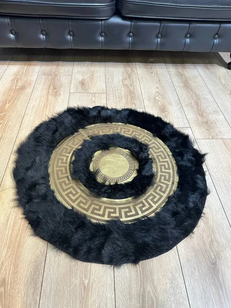 Black Gold Luxury Natural Sheepskin Area Rug, Fluffy Handmade Elegance