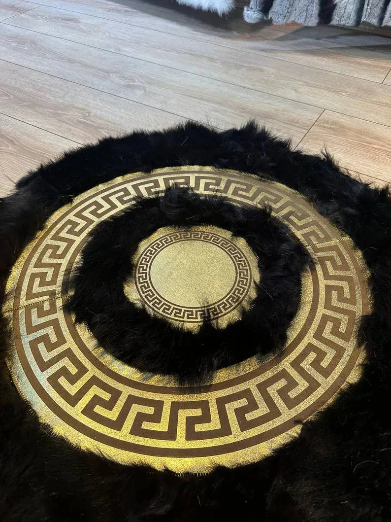Black Gold Luxury Natural Sheepskin Area Rug, Fluffy Handmade Elegance