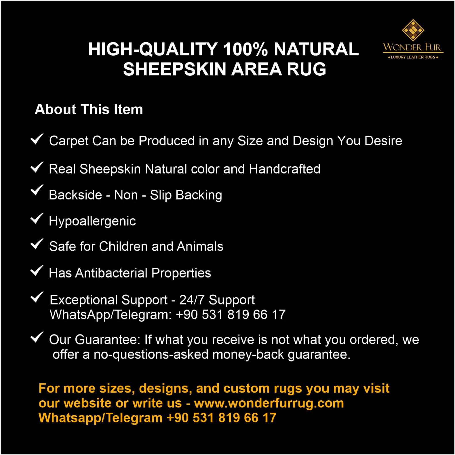 Black Gold Luxury Natural Sheepskin Area Rug, Fluffy Handmade Elegance