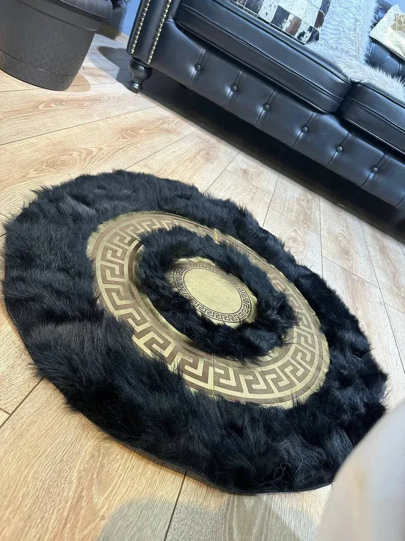 Black Gold Luxury Natural Sheepskin Area Rug, Fluffy Handmade Elegance