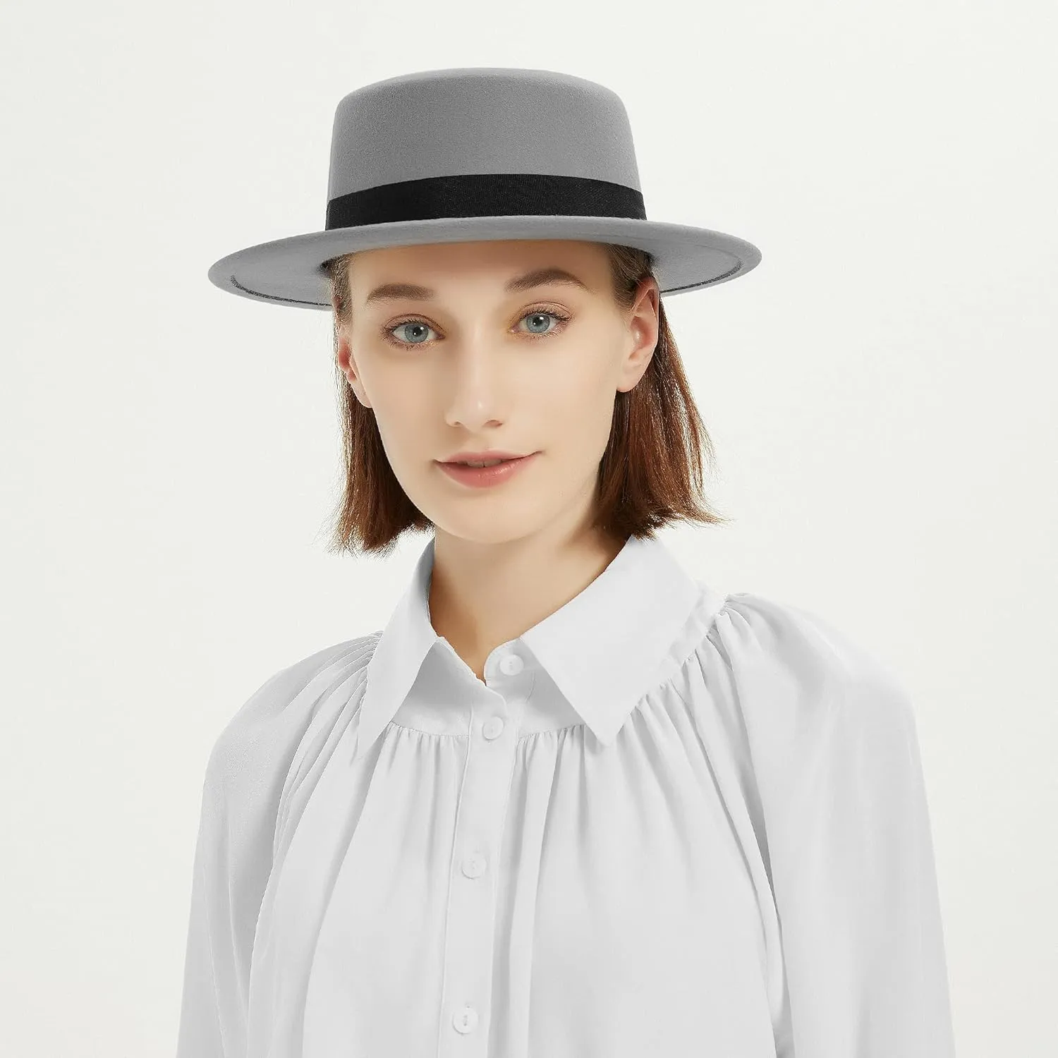 Classic Fedora Hat Flat Top Hat Felt Pork Pie Hat Wide Brim Church Derby Cap for Women and Men