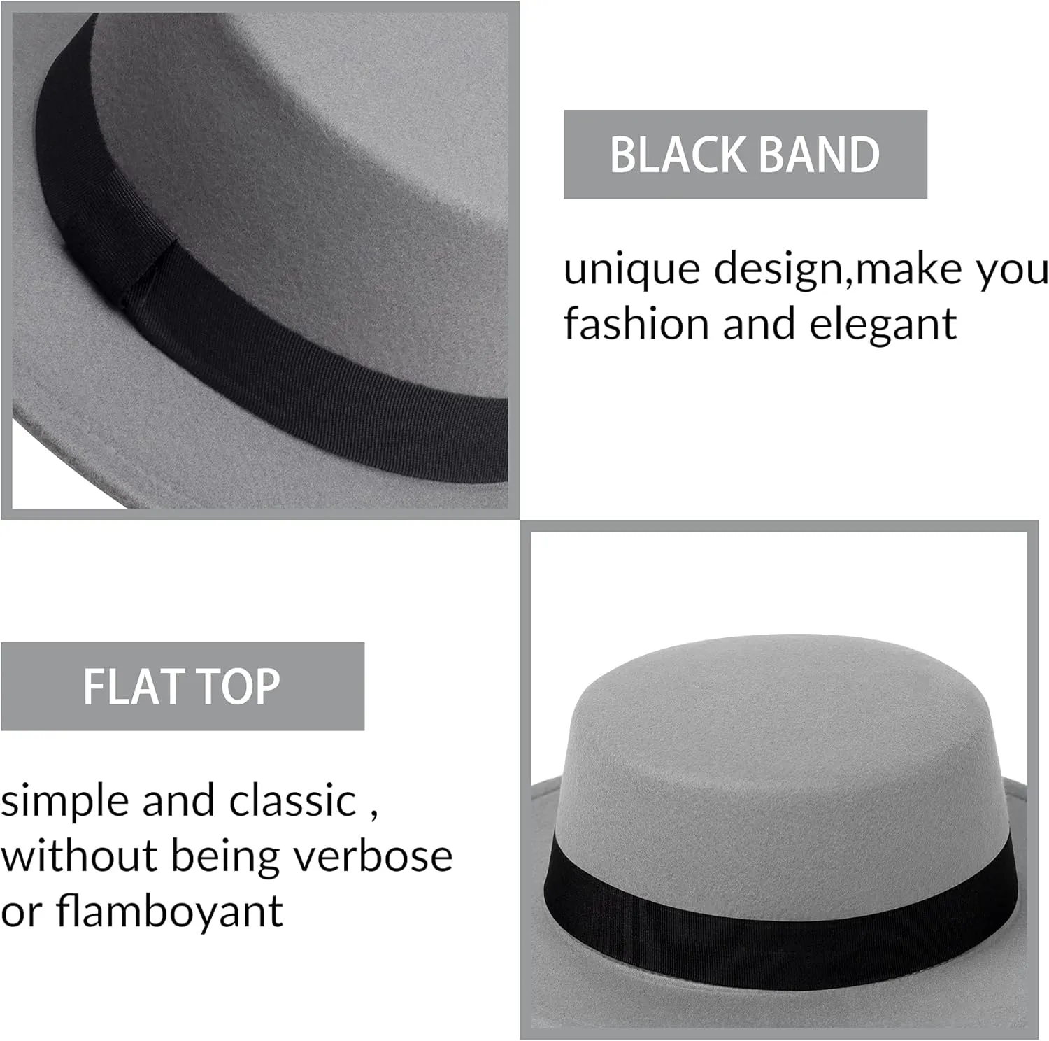 Classic Fedora Hat Flat Top Hat Felt Pork Pie Hat Wide Brim Church Derby Cap for Women and Men