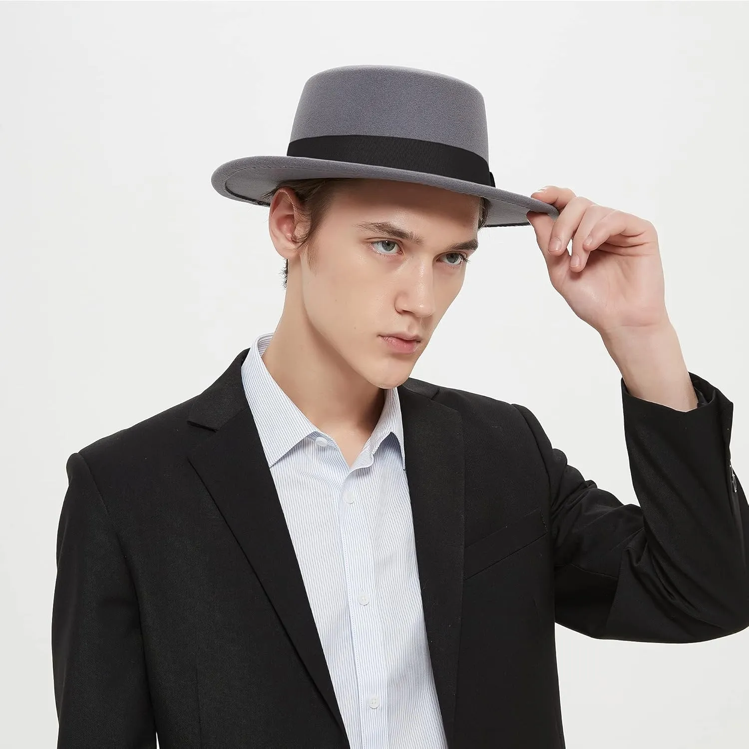 Classic Fedora Hat Flat Top Hat Felt Pork Pie Hat Wide Brim Church Derby Cap for Women and Men