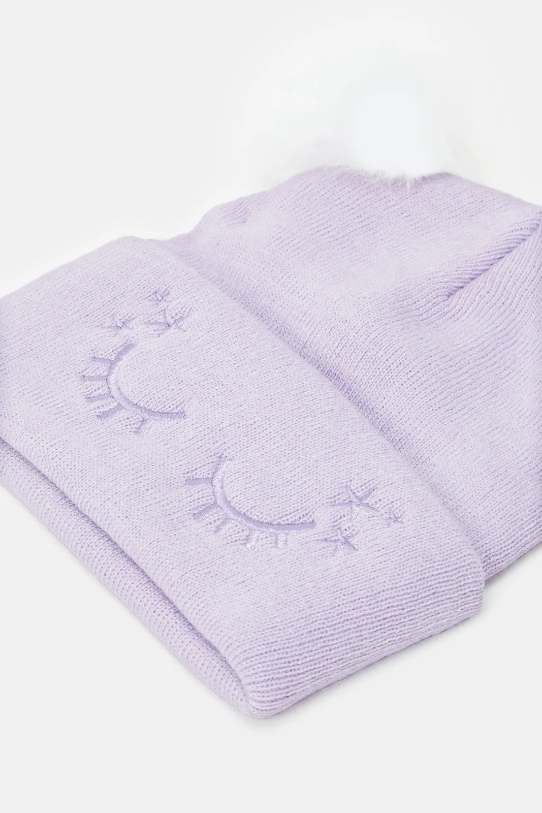 Girls Lilac And Grey Pom Pom Knitted Cap (Pack of 2)