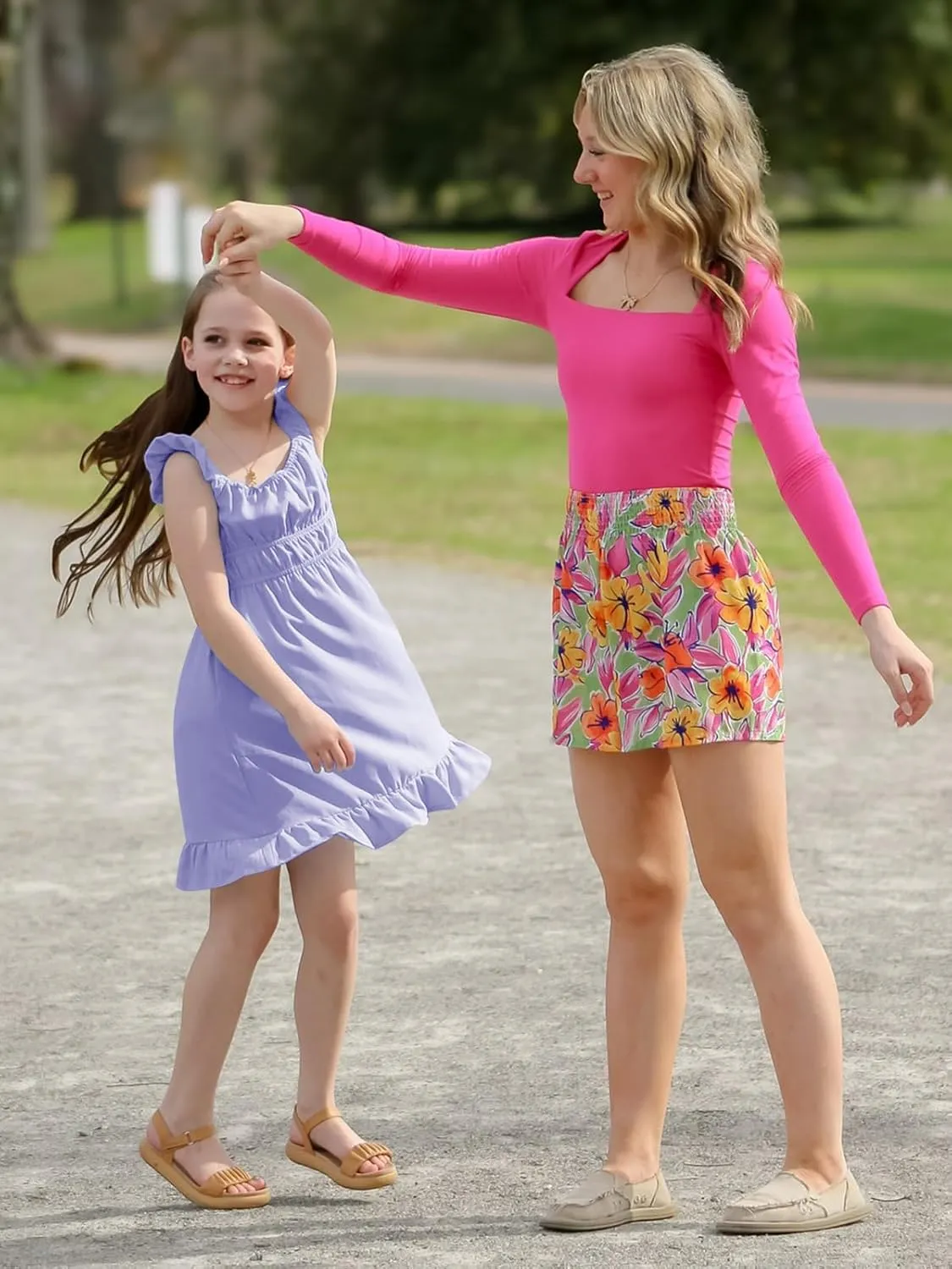 Haloumoning Girls Summer Dresses Kids Cap Sleeve Square Neck Elastic Waist A-Line Flowy Dress 7-14 Years