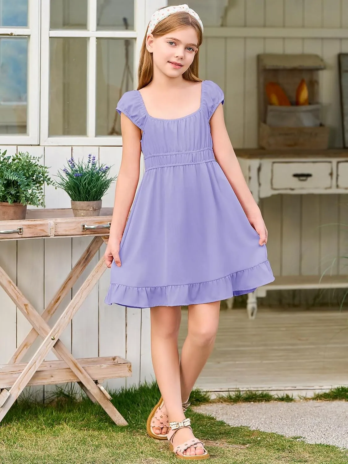 Haloumoning Girls Summer Dresses Kids Cap Sleeve Square Neck Elastic Waist A-Line Flowy Dress 7-14 Years