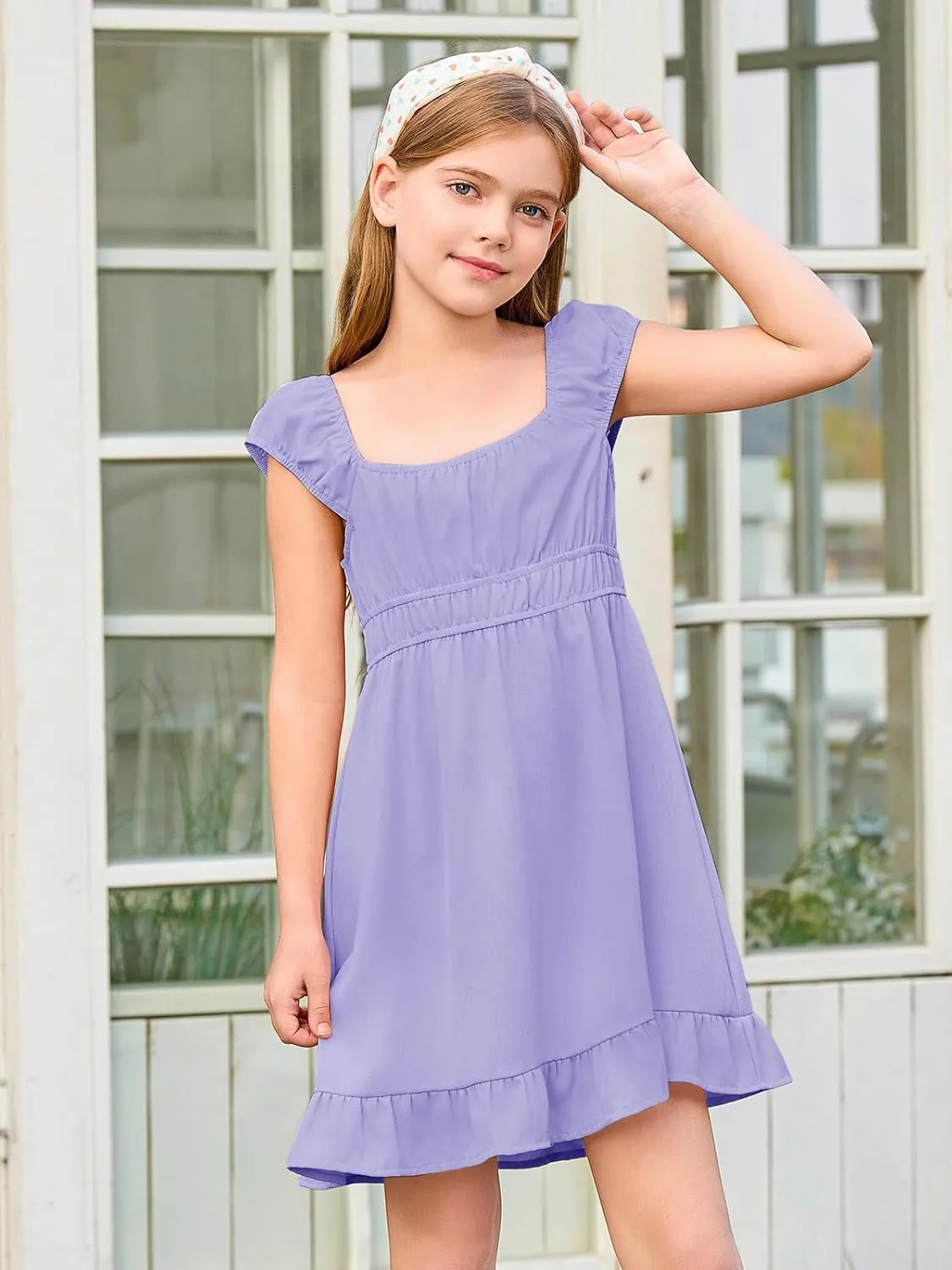 Haloumoning Girls Summer Dresses Kids Cap Sleeve Square Neck Elastic Waist A-Line Flowy Dress 7-14 Years