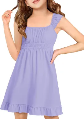 Haloumoning Girls Summer Dresses Kids Cap Sleeve Square Neck Elastic Waist A-Line Flowy Dress 7-14 Years