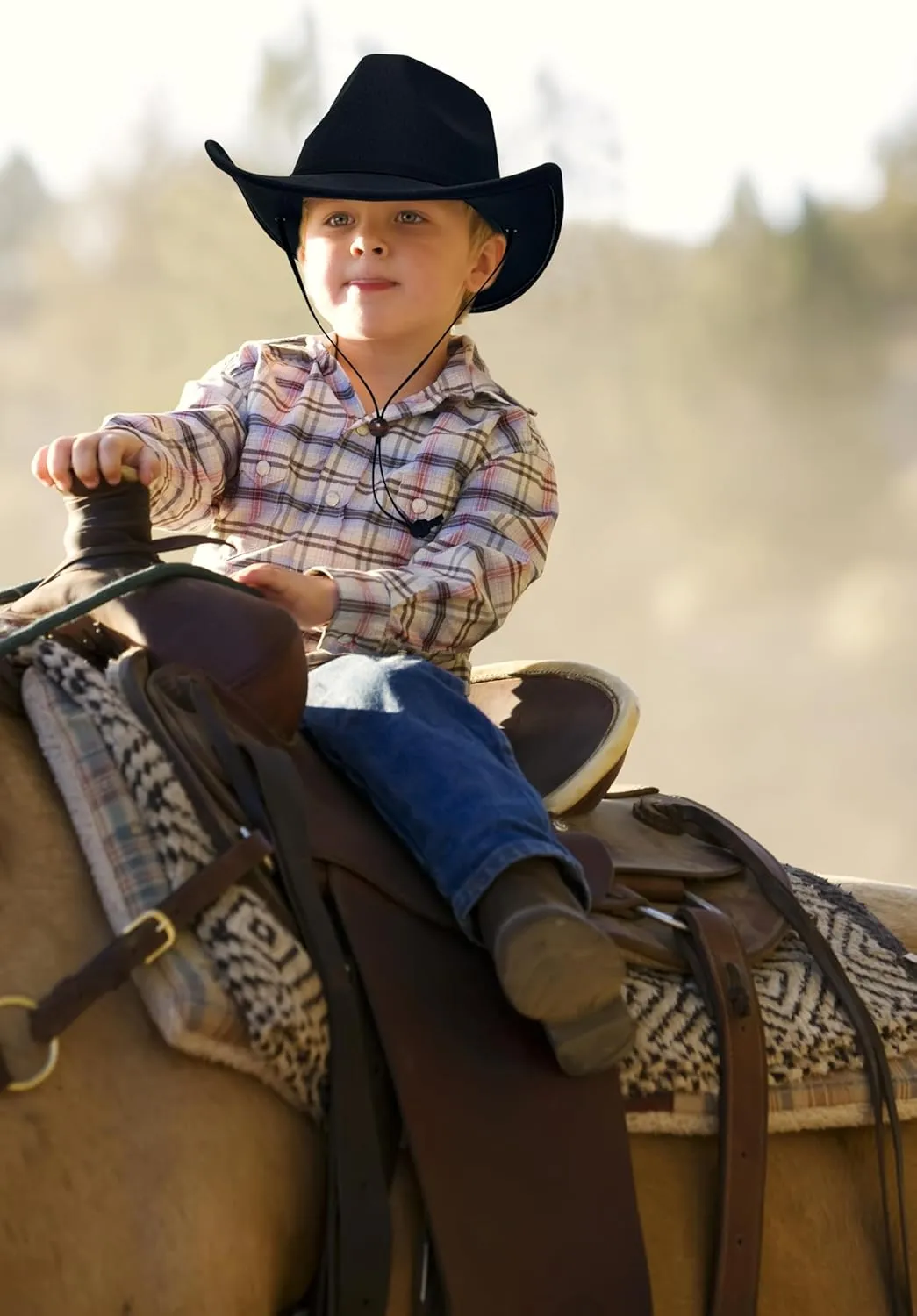 Lanzom Kids Girls Boys Retro Felt Wide Brim Western Cowboy Cowgirl Hat Dress Up Hat with Wind Lanyard
