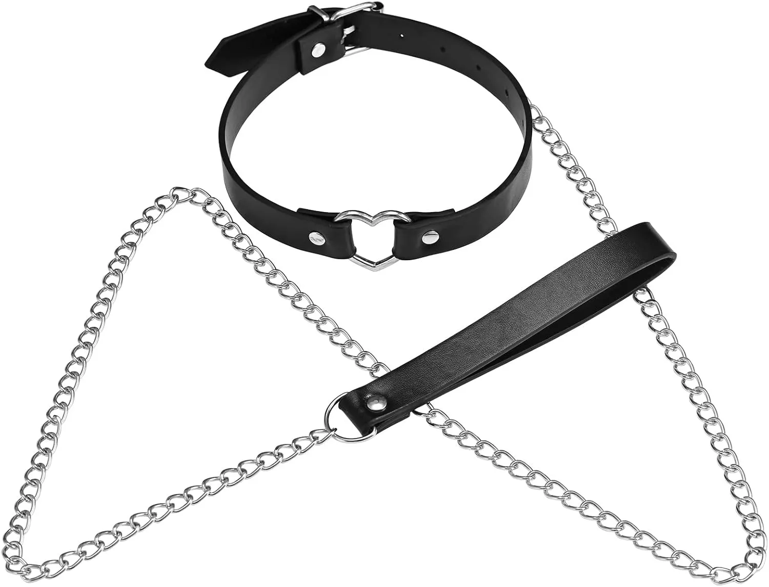 Leather Heart Choker Collars Detachable Leash Chain Set Women Leather Collar with Alloy Buckle (Black)