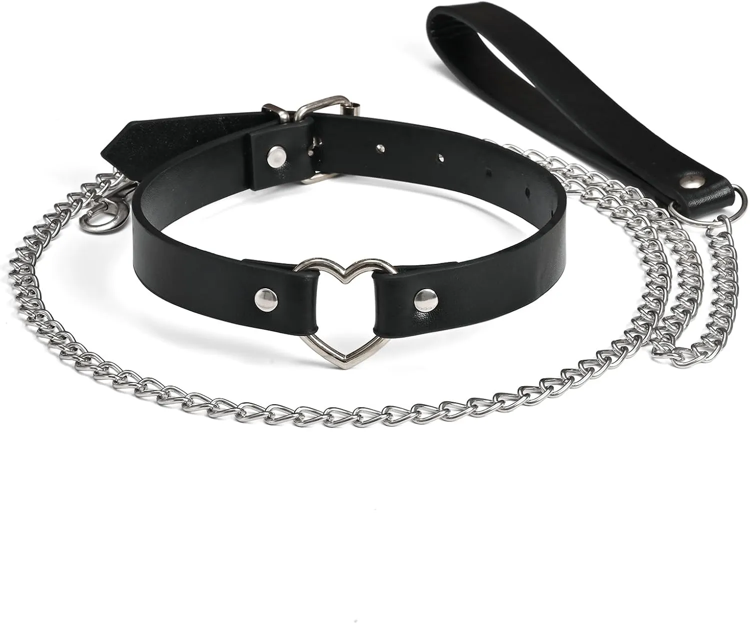 Leather Heart Choker Collars Detachable Leash Chain Set Women Leather Collar with Alloy Buckle (Black)