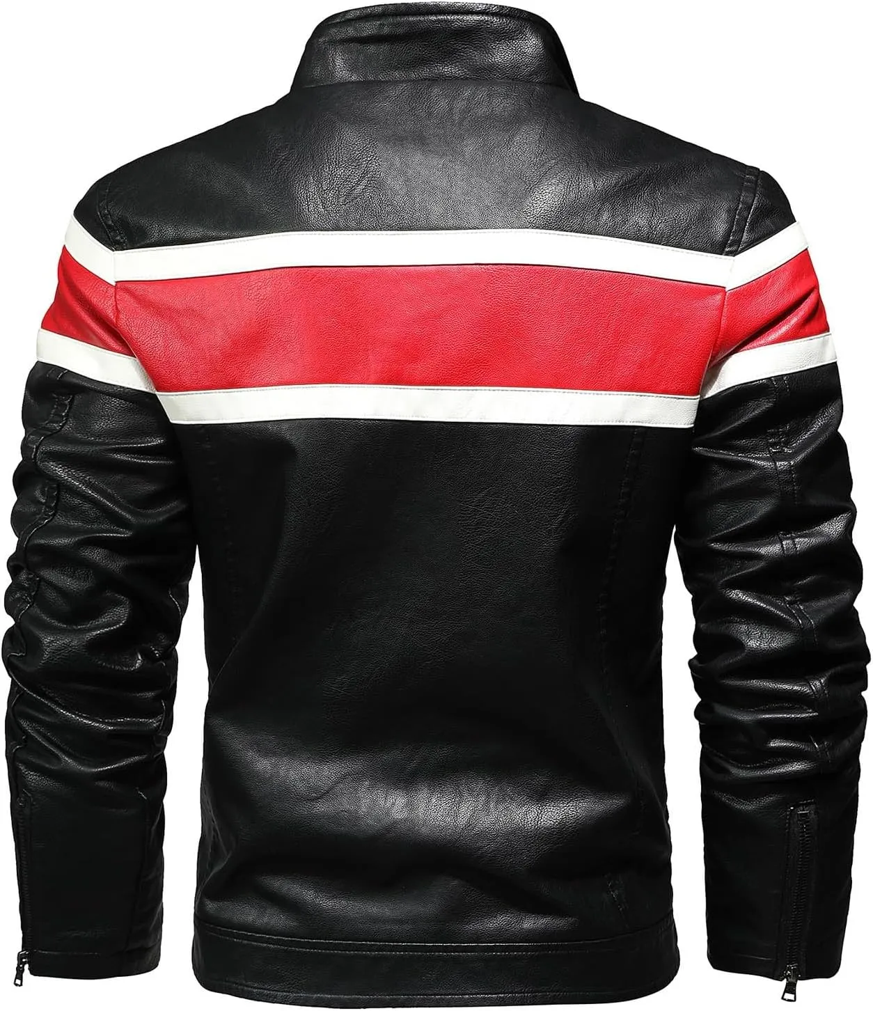 Mens Leather Jacket Color Block Moto Jacket Windproof Zip up Jacket Faux Leather Winter Coat with Pockets