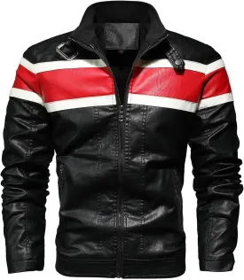 Mens Leather Jacket Color Block Moto Jacket Windproof Zip up Jacket Faux Leather Winter Coat with Pockets