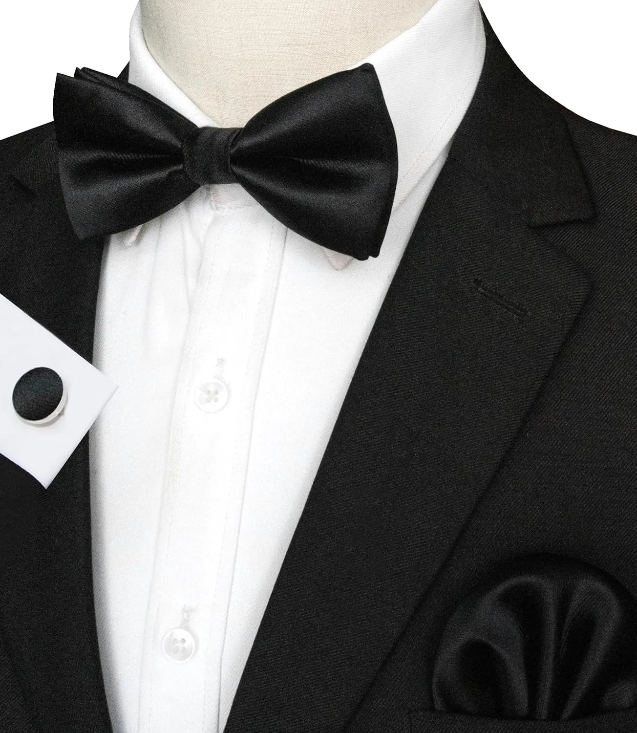 Mens Solid Color Pre-tied Bow Tie and Pocket Square Cufflink Set