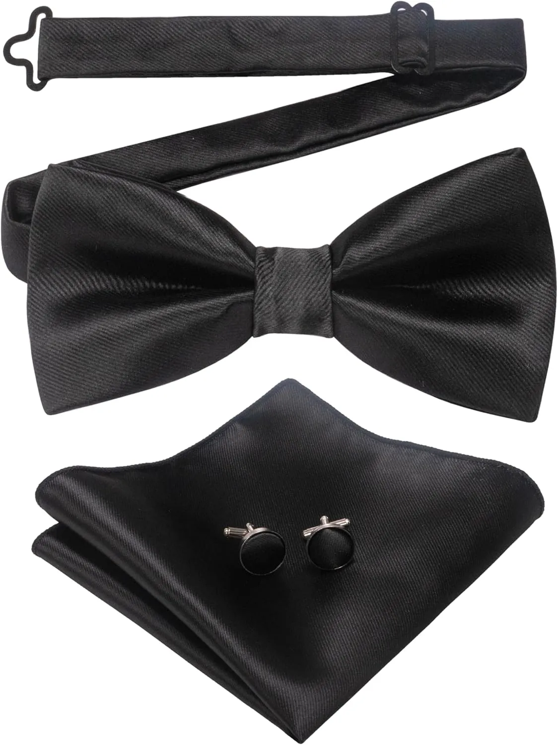 Mens Solid Color Pre-tied Bow Tie and Pocket Square Cufflink Set
