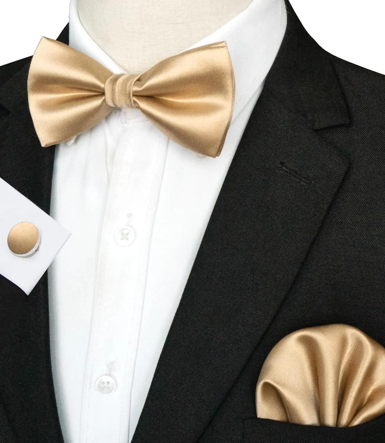Mens Solid Color Pre-tied Bow Tie and Pocket Square Cufflink Set