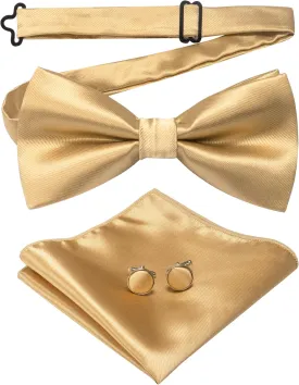 Mens Solid Color Pre-tied Bow Tie and Pocket Square Cufflink Set