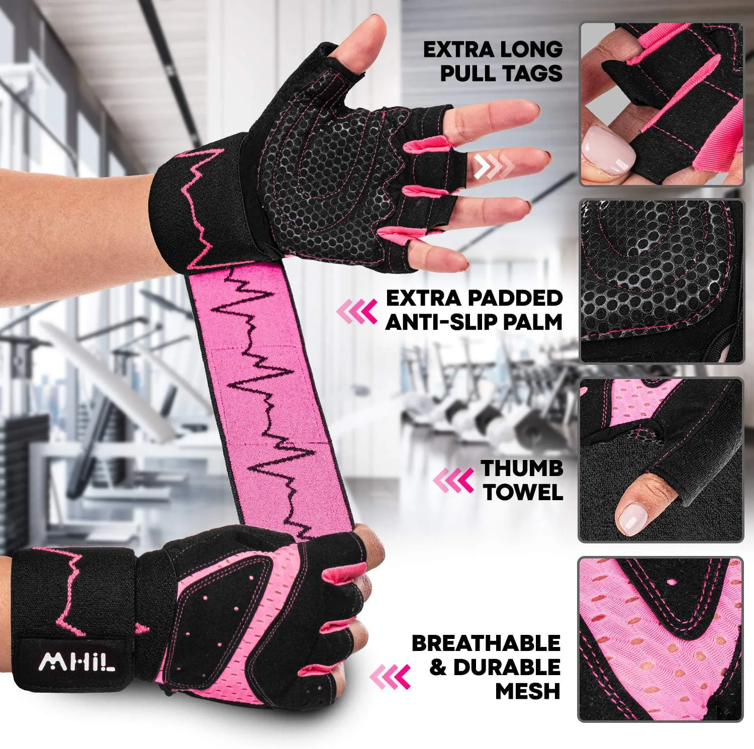 MhIL Workout Gloves for Women  Comfortable Gym Gloves for Women with Hand Protection and Enhanced Grip  Weight Lifting Glove for Womens with Wrist Wraps Support for Safety, Hygiene and Style