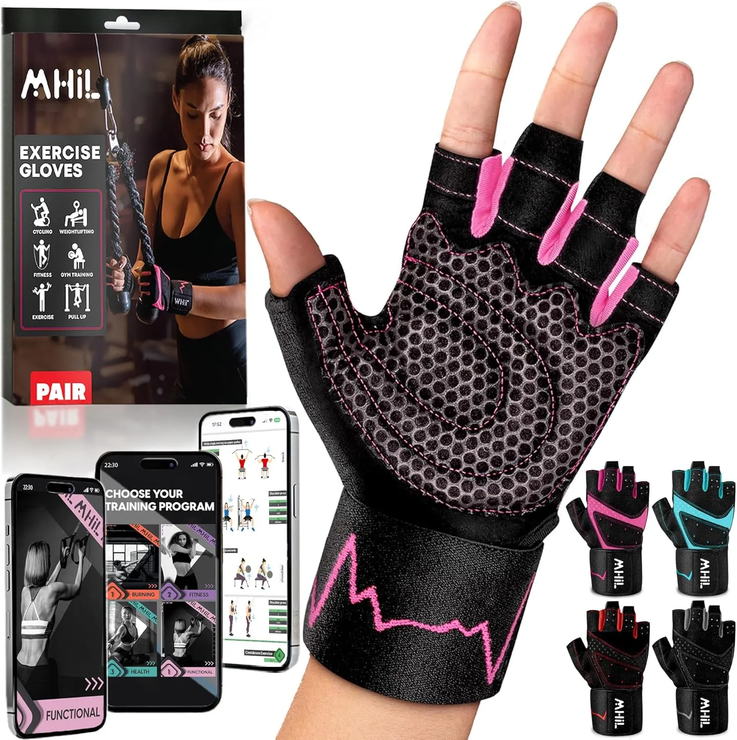 MhIL Workout Gloves for Women  Comfortable Gym Gloves for Women with Hand Protection and Enhanced Grip  Weight Lifting Glove for Womens with Wrist Wraps Support for Safety, Hygiene and Style