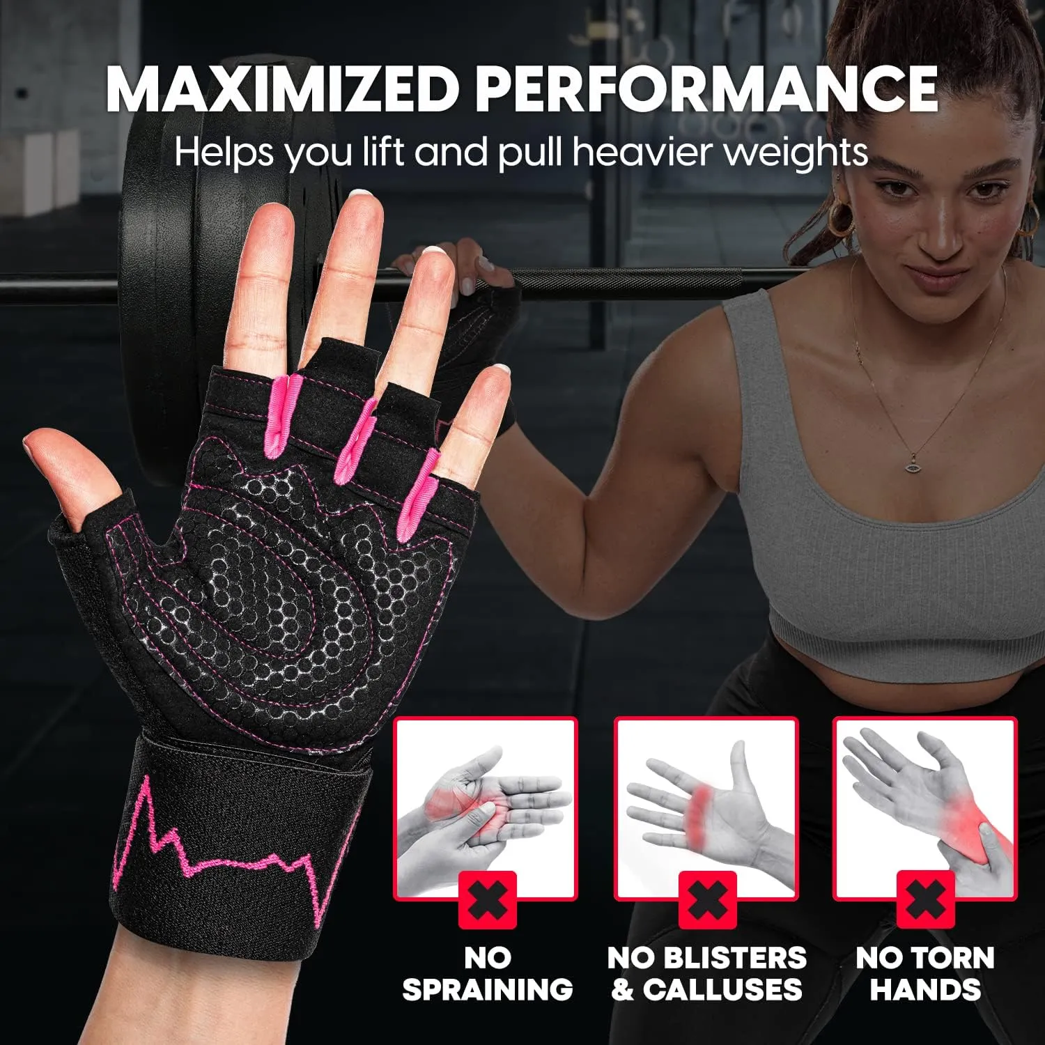 MhIL Workout Gloves for Women  Comfortable Gym Gloves for Women with Hand Protection and Enhanced Grip  Weight Lifting Glove for Womens with Wrist Wraps Support for Safety, Hygiene and Style