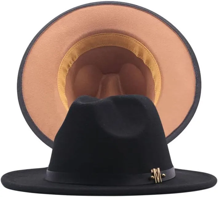 NC Two-Colors Patchwork Fedora Hats with M Leather Band Women Party Felted Bowler Cap Casual Men Wide Brim Church Fedoras (Black and Khaki)