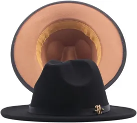 NC Two-Colors Patchwork Fedora Hats with M Leather Band Women Party Felted Bowler Cap Casual Men Wide Brim Church Fedoras (Black and Khaki)