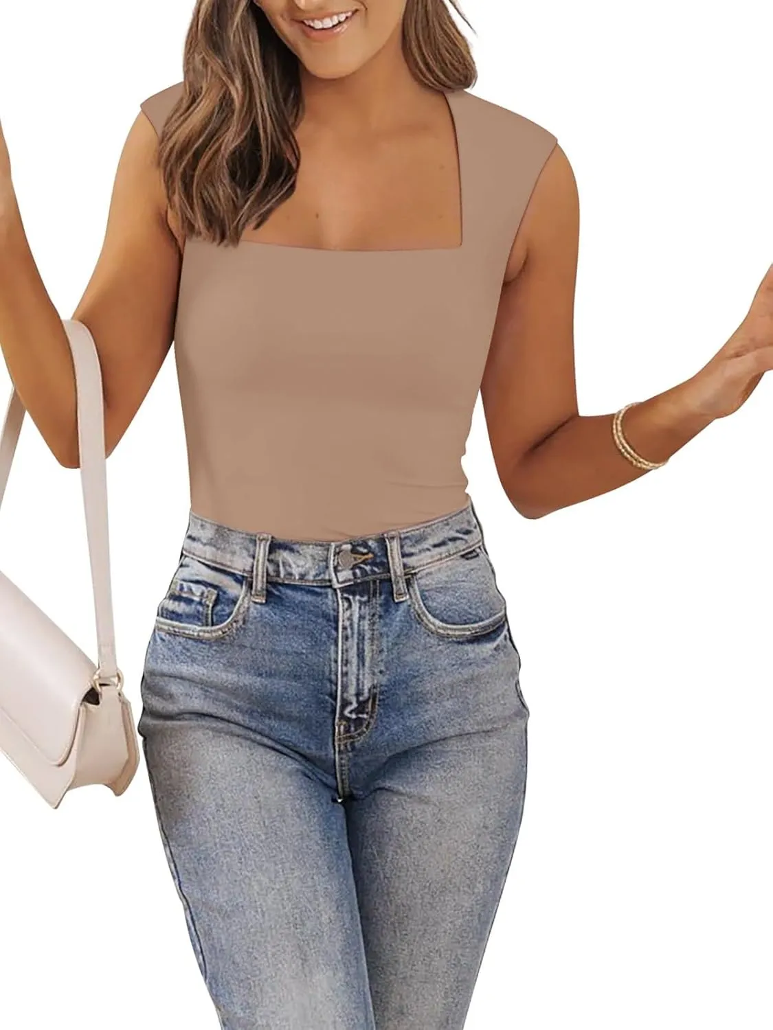 PINKMSTYLE Womens Basic Square Neck Tank Tops Double Lined Fitted Summer Tops Cute Sleeveless Shirts