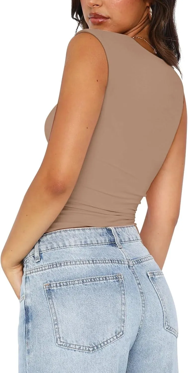 PINKMSTYLE Womens Basic Square Neck Tank Tops Double Lined Fitted Summer Tops Cute Sleeveless Shirts