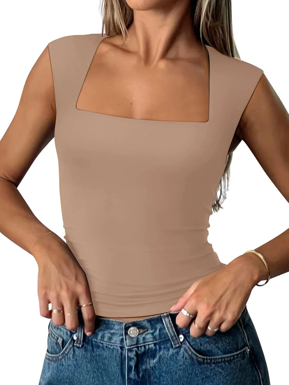 PINKMSTYLE Womens Basic Square Neck Tank Tops Double Lined Fitted Summer Tops Cute Sleeveless Shirts