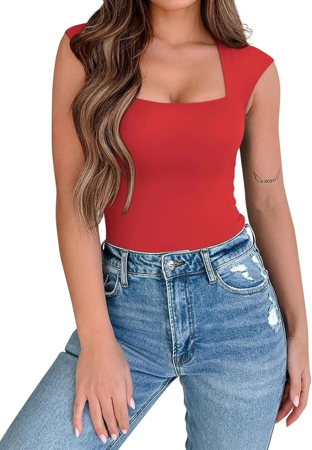 PINKMSTYLE Womens Basic Square Neck Tank Tops Double Lined Fitted Summer Tops Cute Sleeveless Shirts