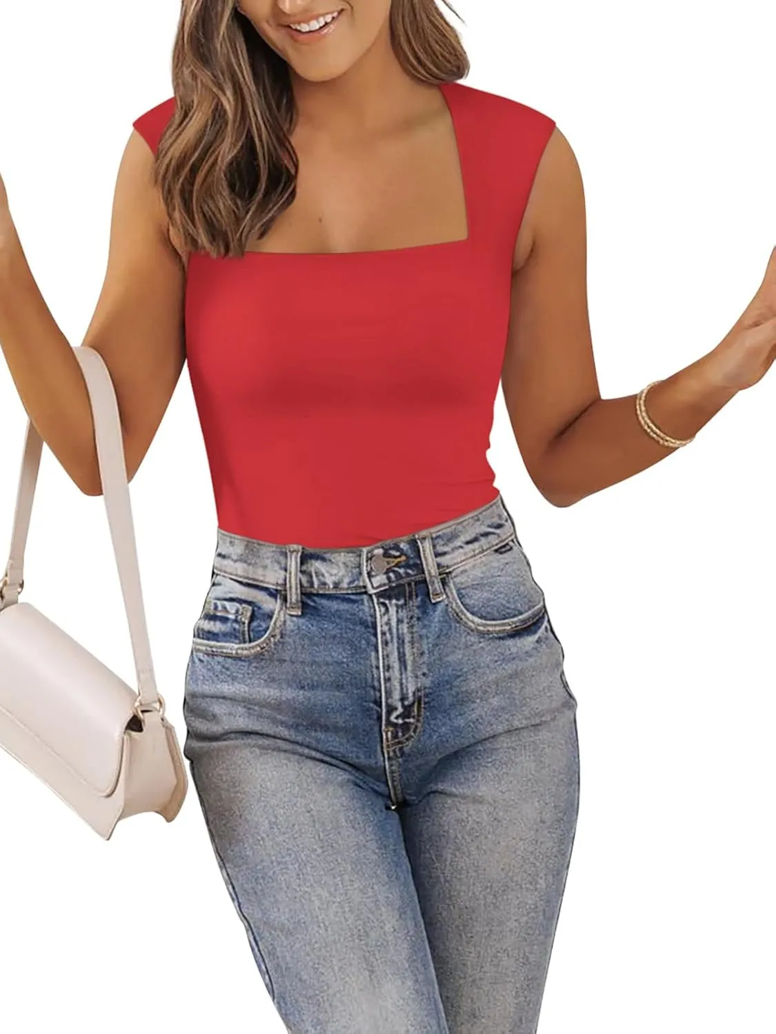 PINKMSTYLE Womens Basic Square Neck Tank Tops Double Lined Fitted Summer Tops Cute Sleeveless Shirts
