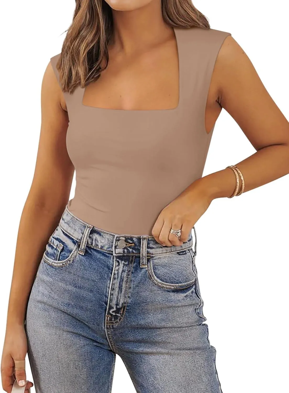PINKMSTYLE Womens Basic Square Neck Tank Tops Double Lined Fitted Summer Tops Cute Sleeveless Shirts