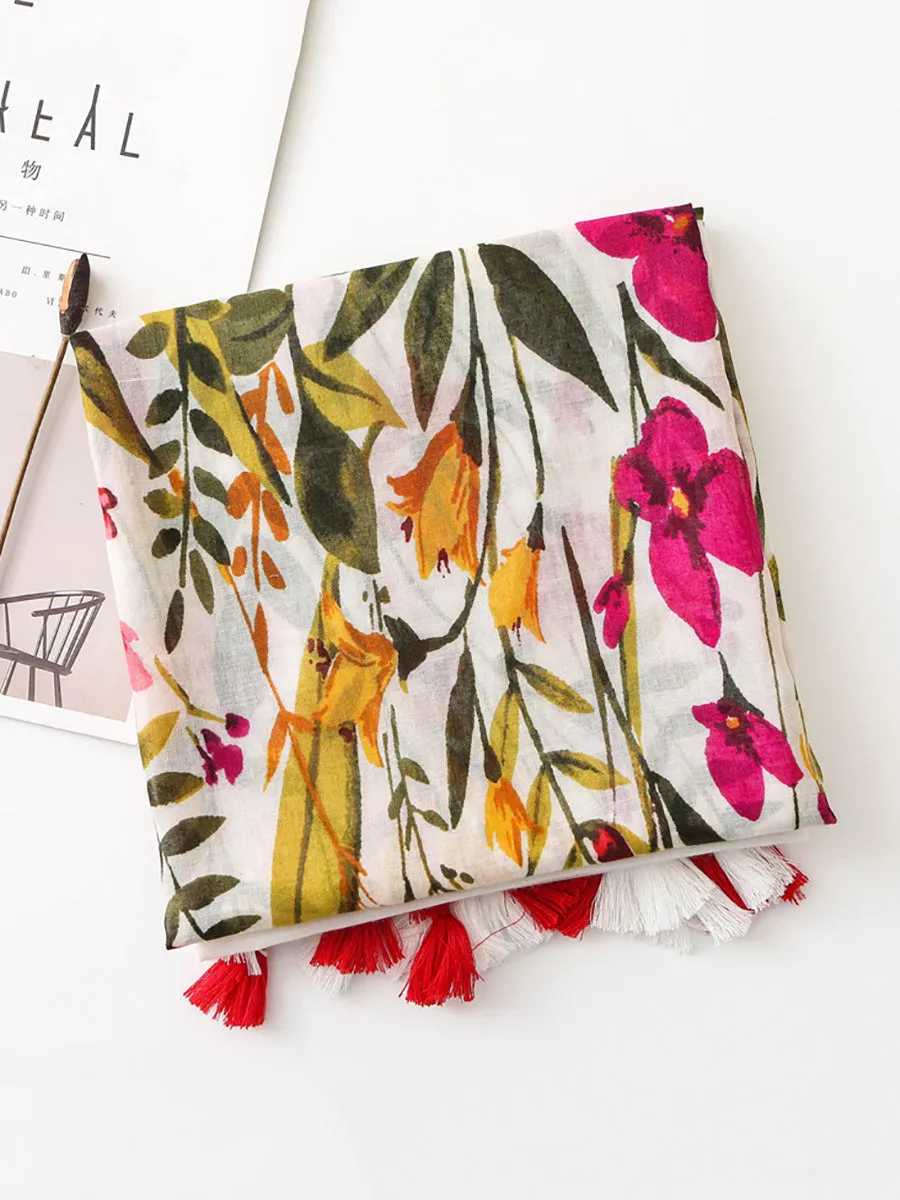 Seaside Women Floral Print Tassel Scarf
