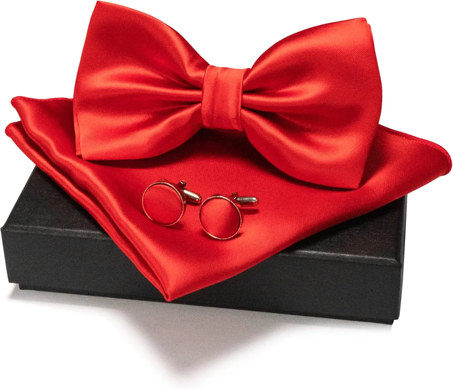 Solid Color mens Pre-tied Bow Tie and Pocket Square Cufflinks Sets with Gift Box