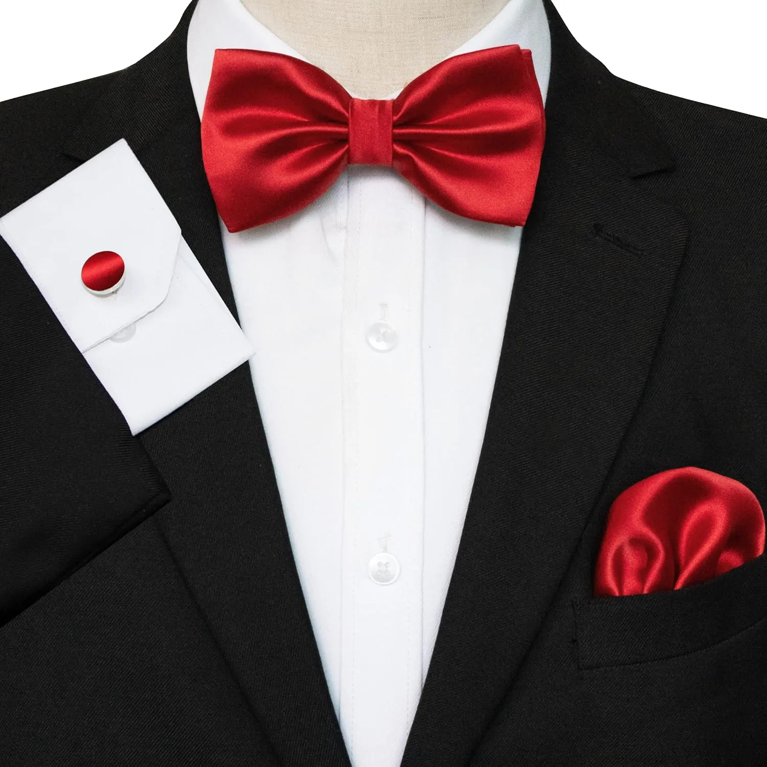 Solid Color mens Pre-tied Bow Tie and Pocket Square Cufflinks Sets with Gift Box