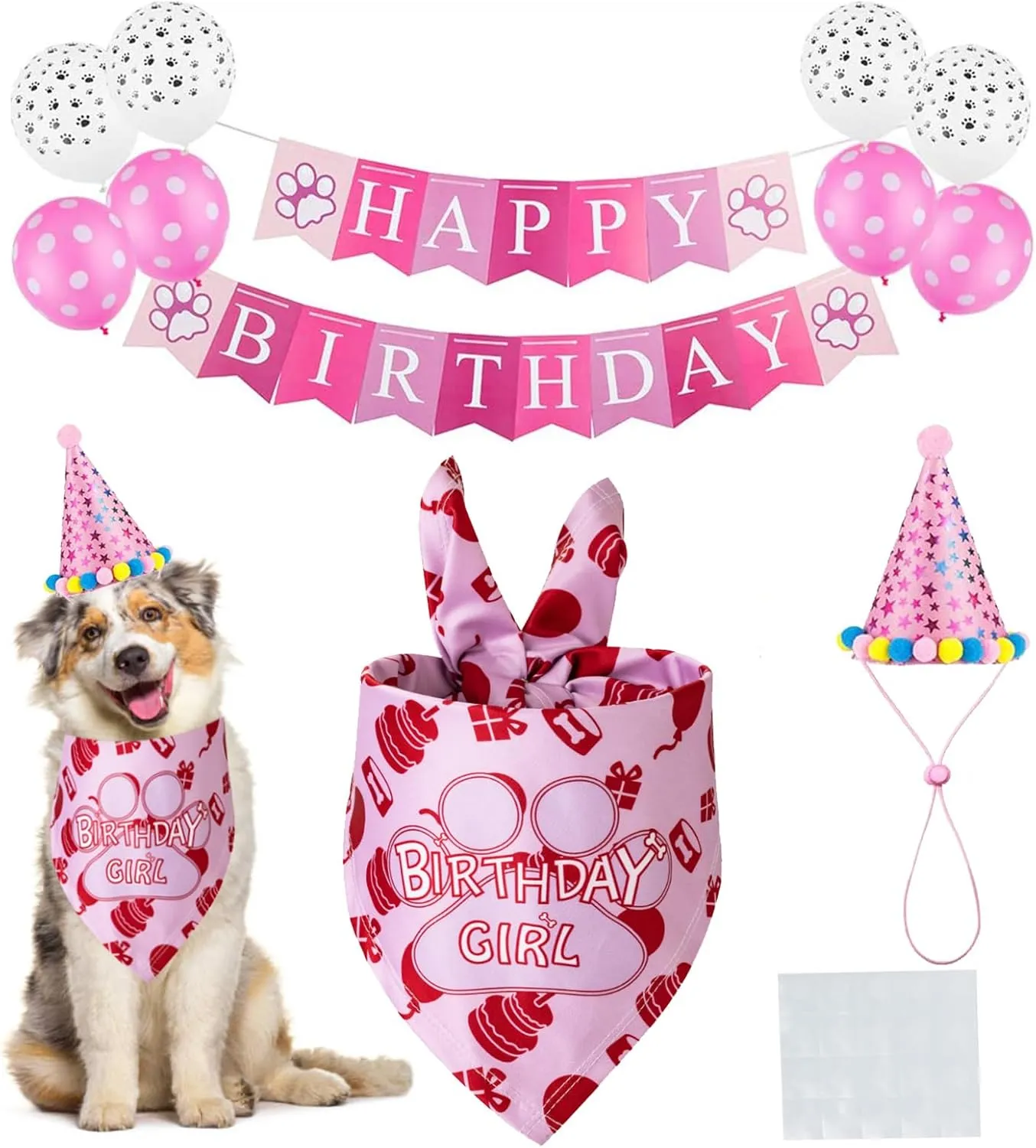 TCBOYING Dog Birthday Bandana, Dog Birthday Boy Hat Scarfs Flag Balloon with Cute Doggie Birthday Party Supplies Decorations(11-Piece Set) (Blue) (Style1, Pink)