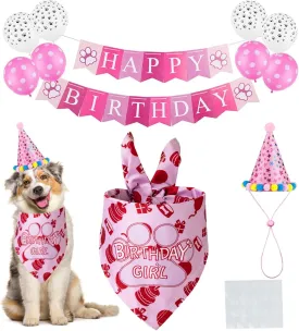 TCBOYING Dog Birthday Bandana, Dog Birthday Boy Hat Scarfs Flag Balloon with Cute Doggie Birthday Party Supplies Decorations(11-Piece Set) (Blue) (Style1, Pink)