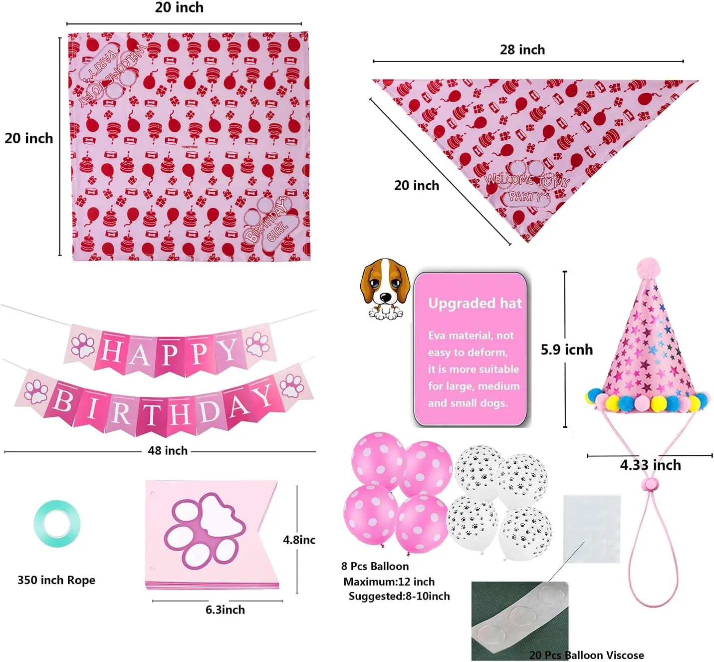 TCBOYING Dog Birthday Bandana, Dog Birthday Boy Hat Scarfs Flag Balloon with Cute Doggie Birthday Party Supplies Decorations(11-Piece Set) (Blue) (Style1, Pink)