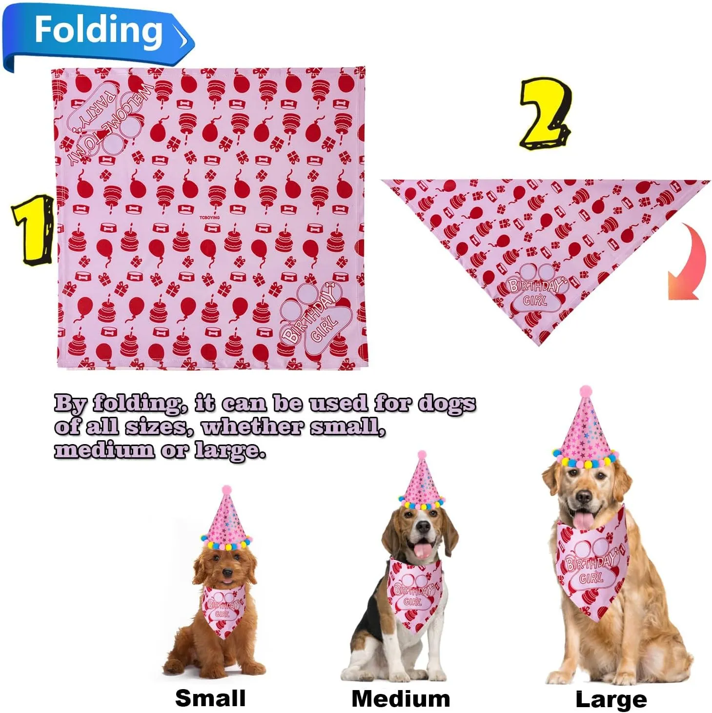 TCBOYING Dog Birthday Bandana, Dog Birthday Boy Hat Scarfs Flag Balloon with Cute Doggie Birthday Party Supplies Decorations(11-Piece Set) (Blue) (Style1, Pink)