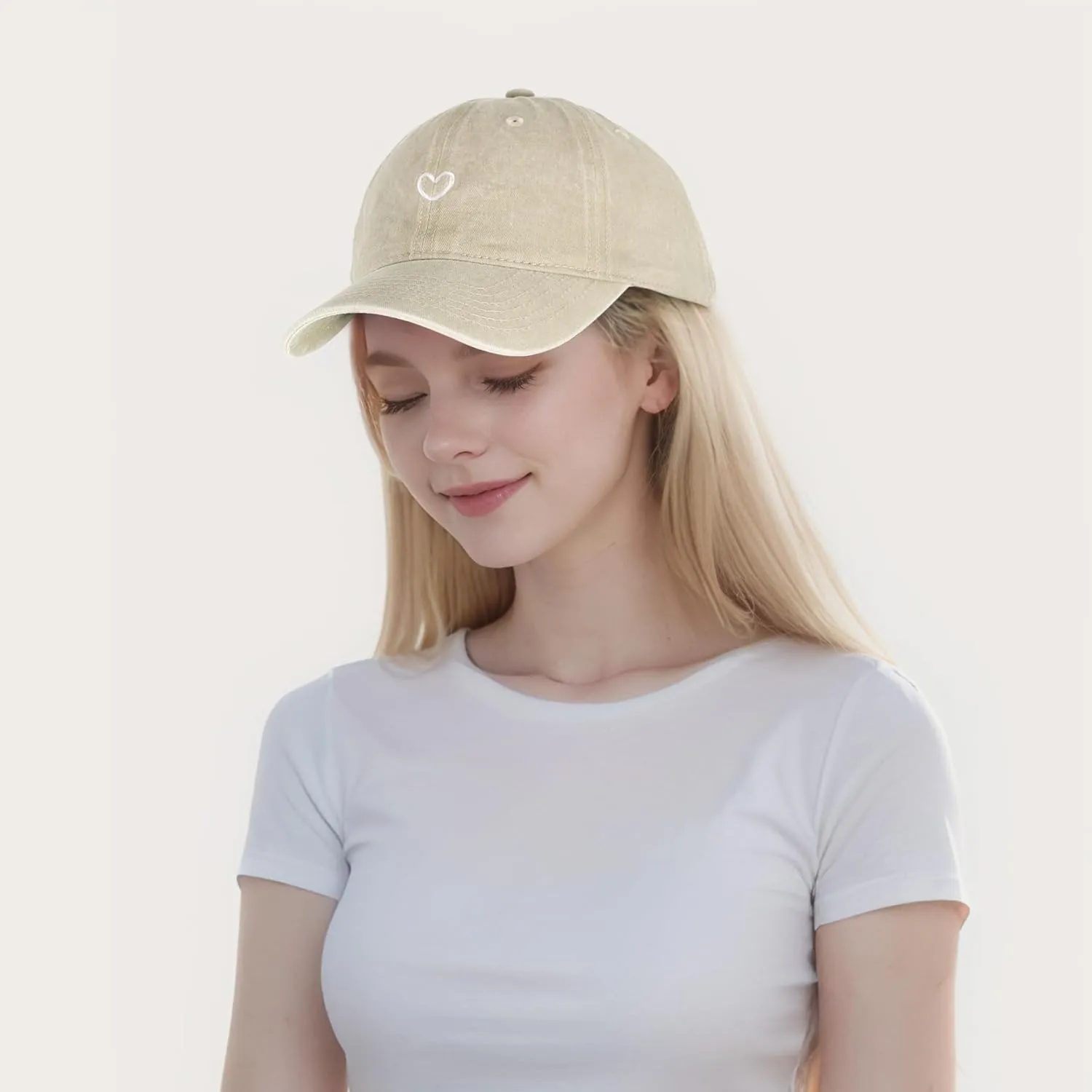 Vintage Washed Baseball Cap Women - Adjustable Distressed Twill Soft Cotton Ladies Hat Cute Love Heart Embroidered