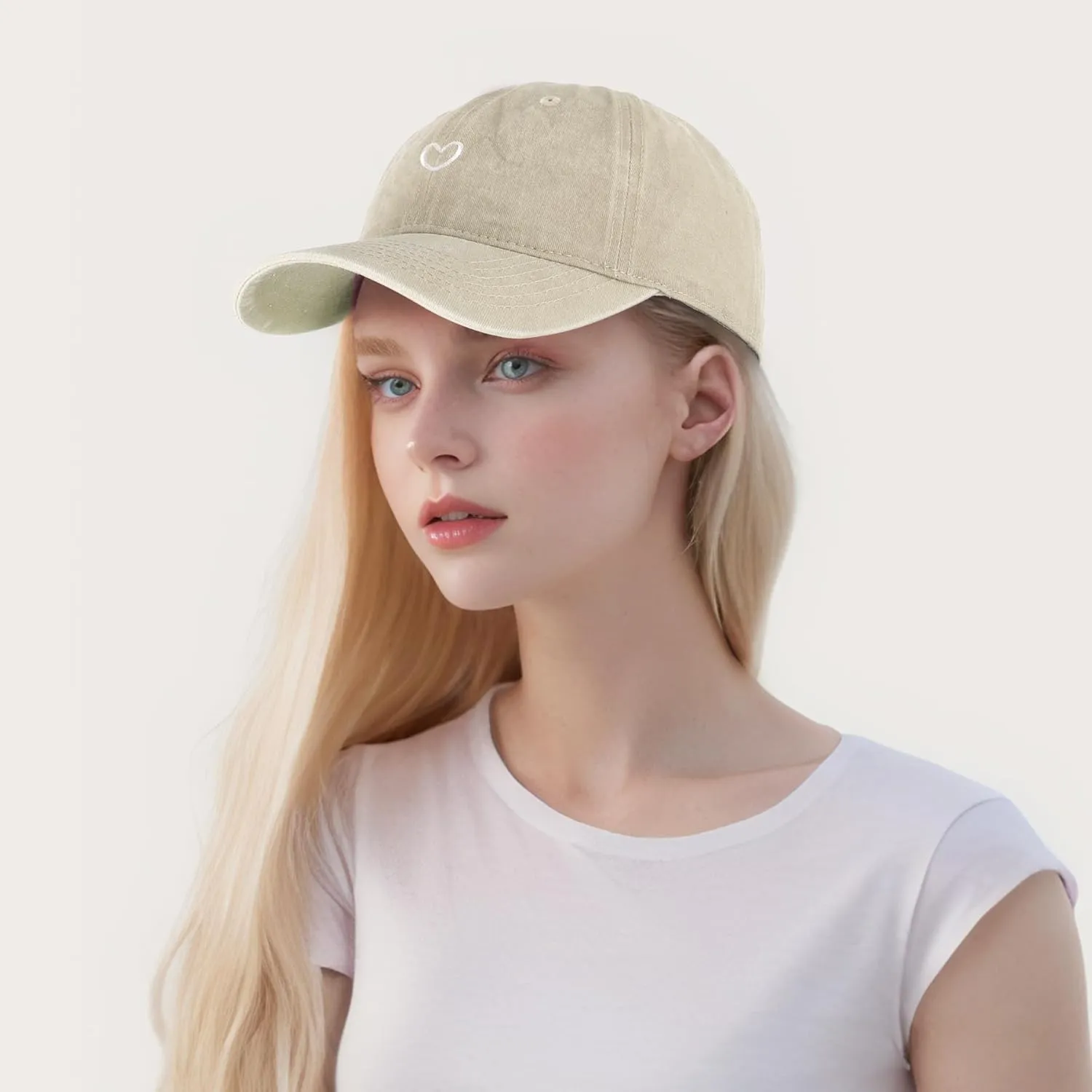 Vintage Washed Baseball Cap Women - Adjustable Distressed Twill Soft Cotton Ladies Hat Cute Love Heart Embroidered