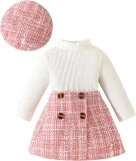 VISGOGO Toddler Girl Skirts Outfit Ribbed Long Sleeve Tops Plaid Tweed Pattern Skirt Beret Baby Fall Winter Clothes